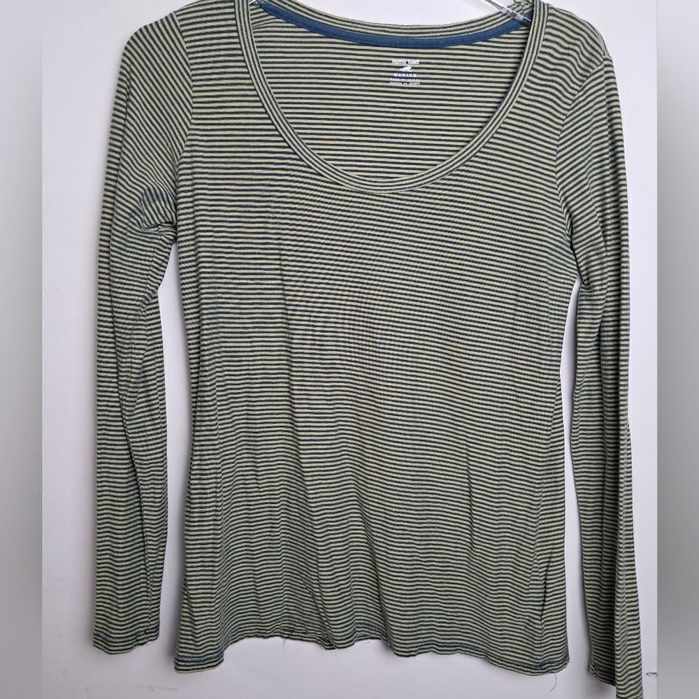Horny Toad Striped Long Sleeve Scoop Neck Organic Cotton Shirt Medium Yellow/Gre